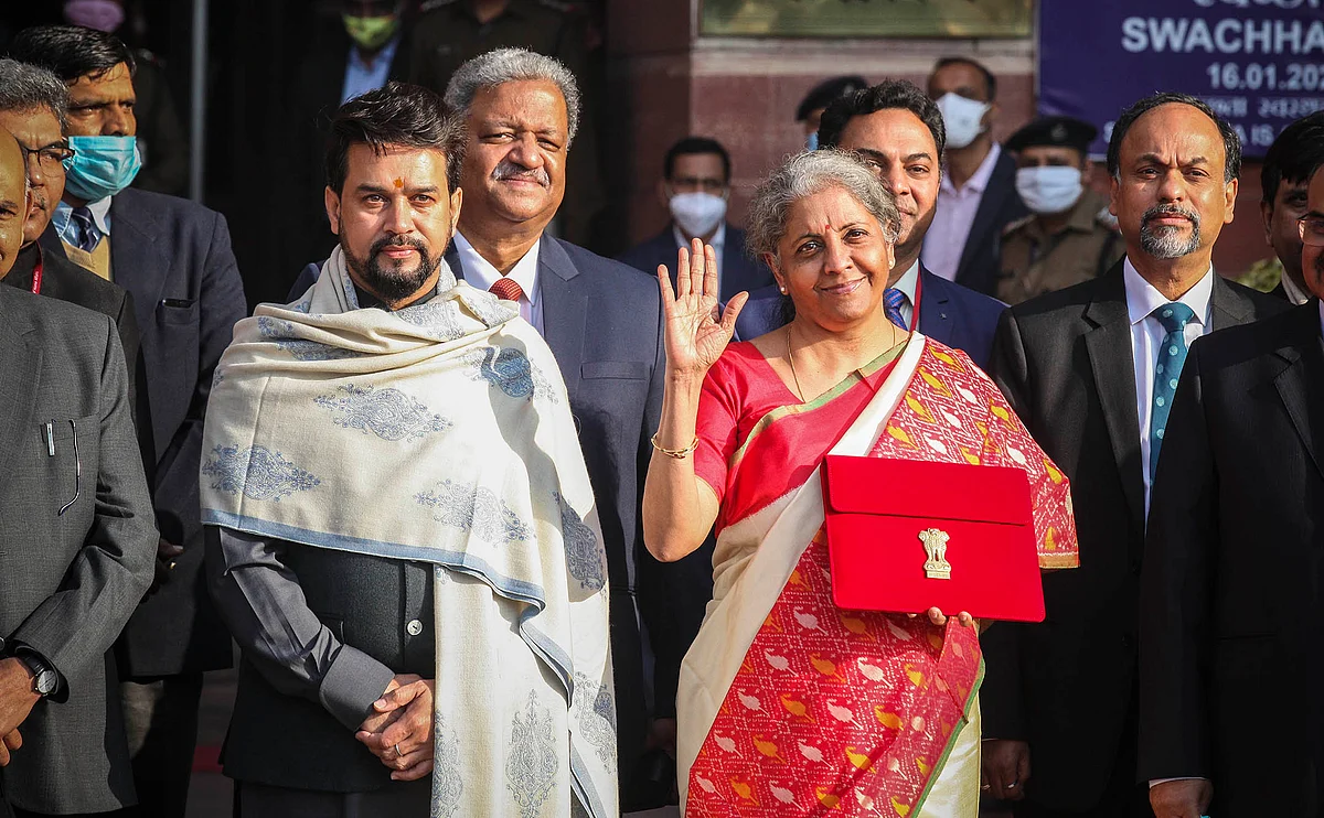 Finance minister Nirmala Sitharaman and minister of state for finance Anurag Singh Thakur before the presentation of Budget 2021. The Budget unveiled a slew of measures to boost infrastructure and healthcare, and set out a ₹1.75 lakh crore disinvestment target for FY22.