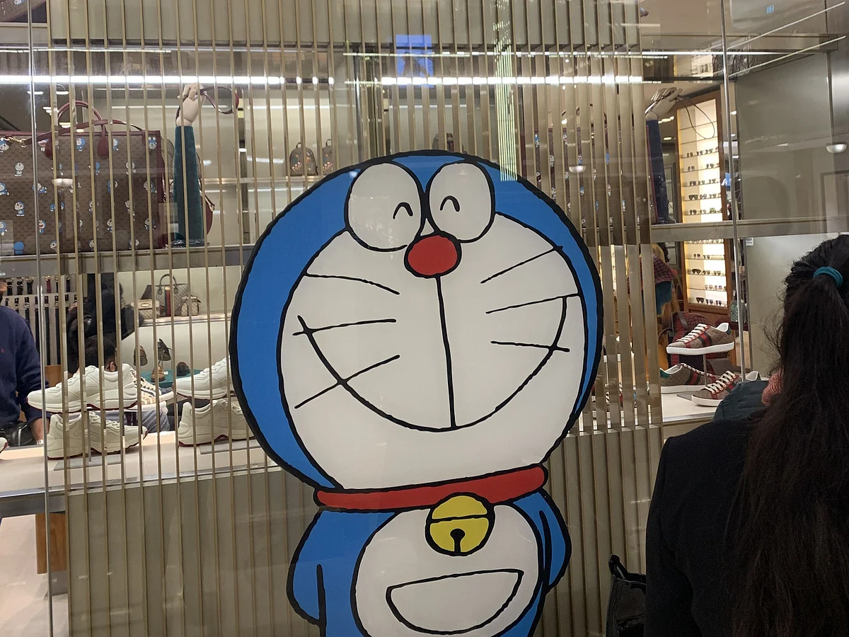 A Gucci store in New Delhi showing the Doraemon collection.