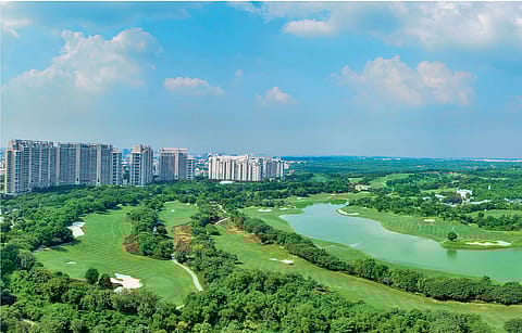 An aerial view of DLF golf and country club at Sector 42, Gurugram. It has two golf courses designed by international legends Arnold Palmer and Gary Player.