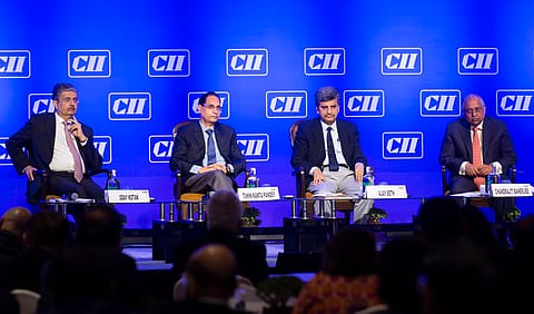 Form left: Uday Kotak, Past President, CII, and Chairman of the CII Global Economic Policy; Tuhin Kanta Pandey, Secretary, DIPAM; Ajay Seth, Secretary, Department of Economic Affairs; and Chandrajit Banerjee, Director General, CII.