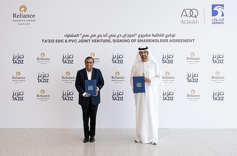 RIL chairman Mukesh Ambani with the UAE's Minister of Industry and Advanced Technology, Sultan Al Jaber.