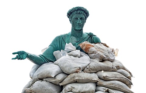 Monument in honour of Duke Richelieu covered with sandbags in Prymorskyi Boulevard, Odessa, southern Ukraine.