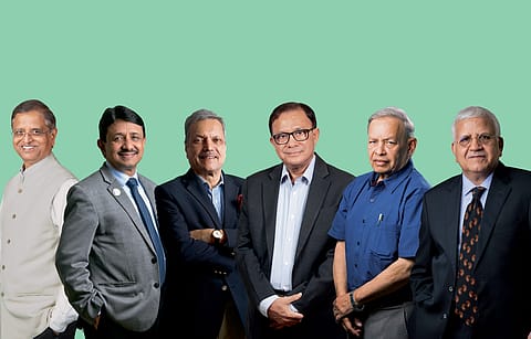 From left: Subhash Chandra Garg, former finance and economic affairs secretary, author of The $10 Trillion Dream, and chief policy advisor, Subhanjali; Debashis Mitra, president, ICAI; Pradip Shah, founder, IndAsia Fund Advisors; HR Khan, former deputy governor, RBI, and currently independent director; Satish Marathe, director on the board of RBI, and former chairman and CEO, The United Western Bank, and Jitendra Gupta, former executive director, Sebi, and founder, SES Governance.