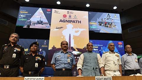 Minister of Defence of India Rajnath Singh, Indian air force Chief Air Chief Marshal Vivek Ram Chaudhari, Indian Army Chief General Manoj Pande, Indian navy chief Admiral R. Hari Kumar, defence secretary of India Ajay Kumar, addresses a Press Conference announcing Agnipath Scheme.