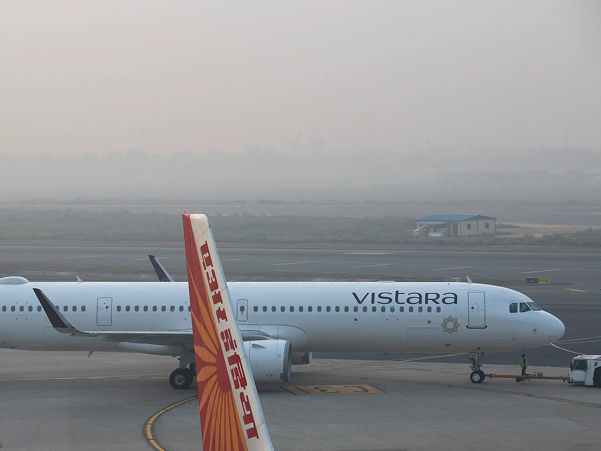A Vistara aeroplane at IGI Airport.