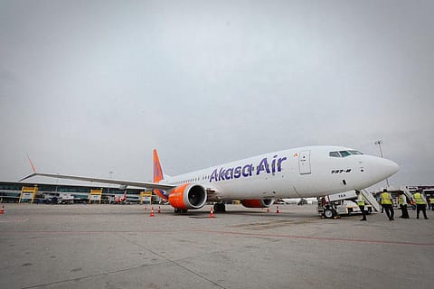Akasa Air’s first aircraft arrival in New Delhi on Tuesday 
