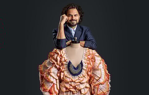 Rahul Mishra with a 3D hand-embroidered concentric circle anemone dress.