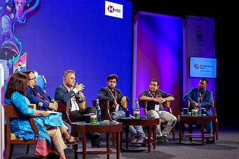 (From left) Puneet Das, president, Tata Consumer Products; Neeraj Roy, MD, Hungama; Ramkumar Subramaniam, CEO and co-founder, GuardianLink; Shuvadip Banerjee, chief digital marketing officer, ITC; and Vignesh Selvaraj, founder, TardiVerse