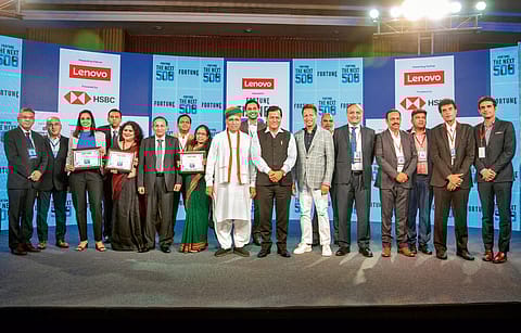 STAR-STUDDED: Union Minister for Ports, Shipping and Waterways & Minister of Ayush Sarbananda Sonowal and Union Minister of State for Parliamentary Affairs and Culture Arjun Ram Meghwal with the winners of the Fortune India Next 500 awards in New Delhi.