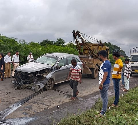 Wreackage of the Mercedes car in which Cyrus Mistry and his friend Jahangir Pandole were killed on Sunday afternoon