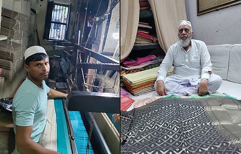 Saree manufacturer Maqbool Hasan in his shop and a weaver weaving a saree, in Varanasi.