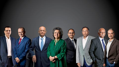From left: Dr. Sanjiv Goenka, chairman, RP-Sanjiv Goenka Group; Mr. Harish Bhat, brand custodian, Tata Sons; Mr. Hemendra Kothari, non-executive chairman, DSP Investment Managers; Ms. Zia Mody, founder and managing partner, AZB & Partners; 
Mr. Prashant Jain, former CIO, HDFC Mutual Fund; Mr. Niraj Bajaj, CMD Mukand Ltd. and chairman, Bajaj Auto; Mr. R. Gandhi, former deputy governor, Reserve Bank of India and Mr. Vishesh Chandiok, CEO, Grant Thornton India