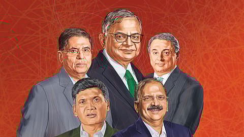 Clockwise from top left: Sanjiv Mehta, N. Chandrasekaran, T.V. Narendran, Satyanarayana Chava and Ratan Jindal