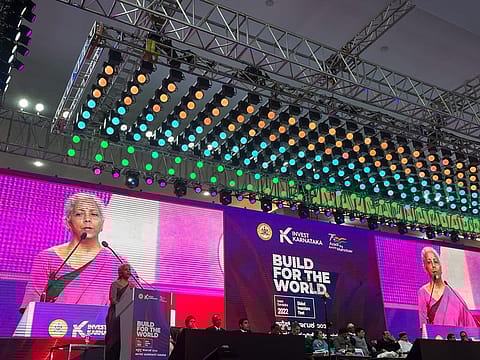 Finance Minister Nirmala Sitharaman speaking during the Global Investors Meet ‘Invest Karnataka 2022’ in Bengaluru today.