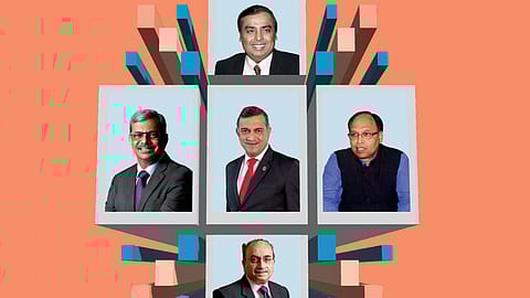 Clockwise from top left: RIL chairman Mukesh Ambani, ONGC interim chairman R.K. Srivastava,  
SBI chairman Dinesh Khara, 
LIC chairman M.R. Kumar,
and IOC chairman
Shrikant M. Vaidya (centre).