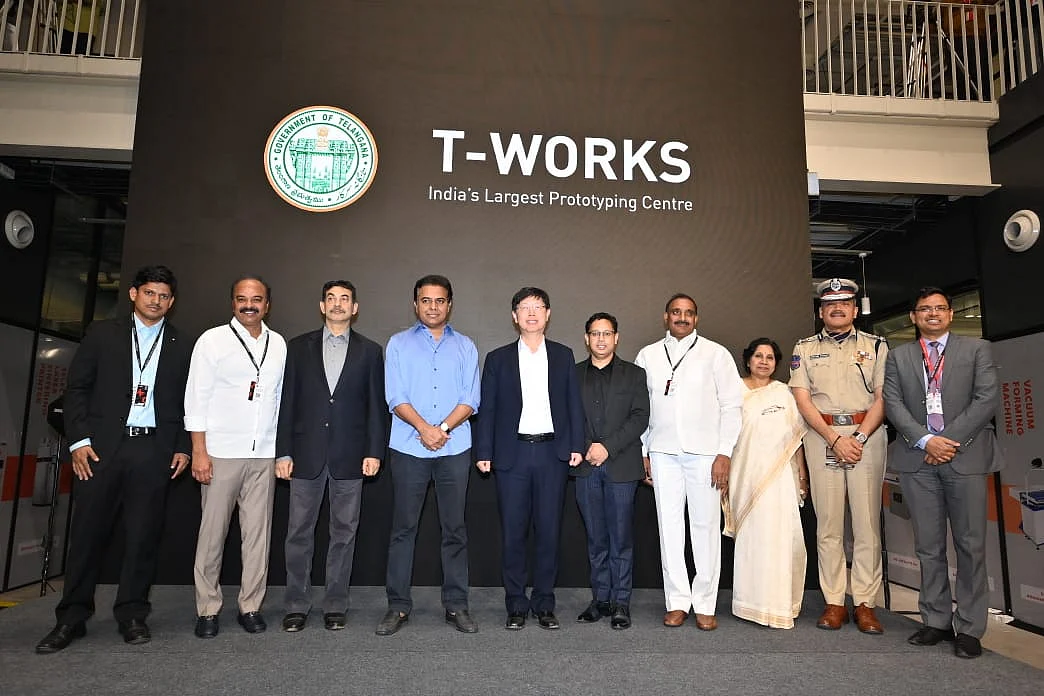 Telangana IT minister K. T. Rama Rao, along with Foxconn chairman Young Liu, during the inauguration of India’s largest prototyping centre T-Works in Hyderabad. 