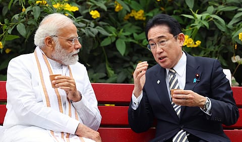 Prime Minister Narendra Modi with Japanese PM Fumio Kishida at Buddha Jayanti Park in New Delhi on March 20, 2023.