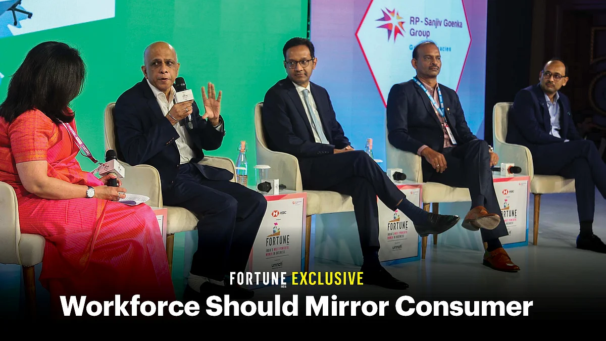 (From left to right) Ajita Shashidhar, Editor-at-Large, Fortune India; Anil Verma, CEO, Godrej & Boyce; Anuj Poddar, MD & CEO, Bajaj Electricals; P.S. Vishwanath, MD & CEO, Randstad; and Santosh Iyer, MD & CEO, Mercedes Benz