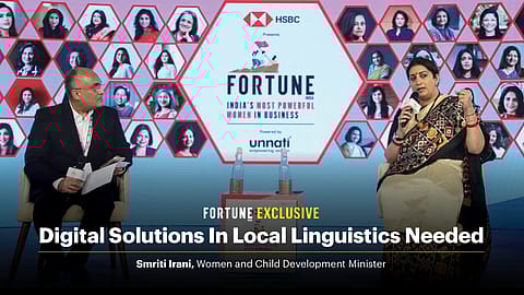 (From left to right) Rajeev Dubey, Editor In Chief, Fortune India; Smriti Irani, minister for women and child development and minister of minority affairs