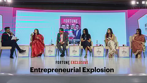 (From left to right) V Keshavdev, Deputy Editor, Fortune India; Divya Gokulnath, co-founder, BYJU's; Vivek Gambhir, CEO, boAt Lifestyle; Devika Bhagat, CEO, Adventurist Spirits; Ghazal Alagh, co-founder and Chief Innovation Officer, Mamaearth; Anjali Bansal, Founding Partner, Avaana Climate Fund Board, Member ONDC, Member, Niti Aayog Evolution Review Committee