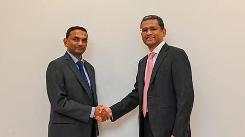 Outgoing TCS CEO Rajesh Gopinathan and CEO designate Krithi Krithivasan (left)