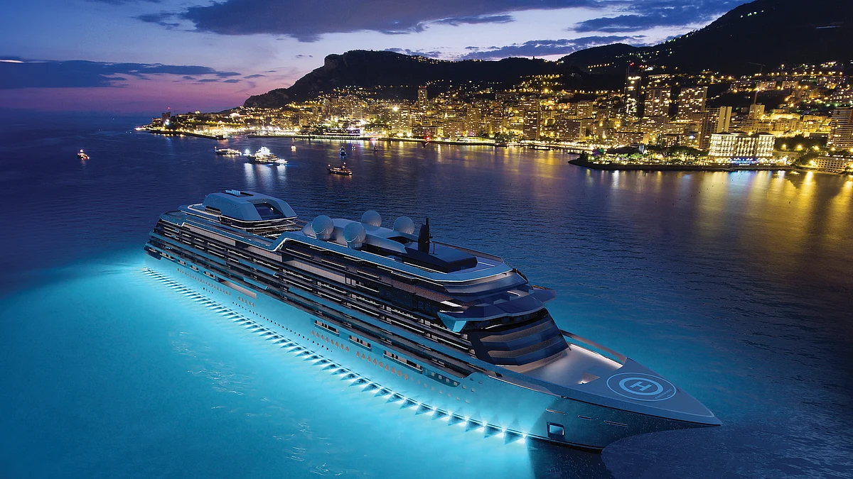 A representation of the M/Y Njord yacht, shown at dusk 
along the Monaco coast