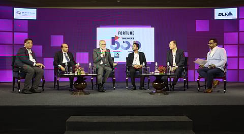 (From left) Vishal Mehta, founder, Infibeam Avenues, Sanjay Sehgal, President, Vanity Case Group of Companies & Hindustan Foods, Roopwant Singh (IAS), MD, GMDC, Manish Dabkara, Chairman & MD, EKI Energy Services, and Aseem Joshi, CEO, India Business, GMM Pfaudler.
