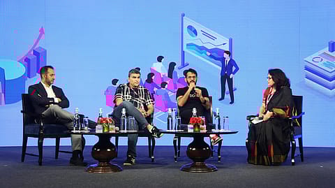 L-R: Vikram Chogle, MD, Warburg Pincus, Sameer Mehta and Aman Gupta, co-founders of boAt, Ajita Shashidhar, Editor-At-Large, Fortune India