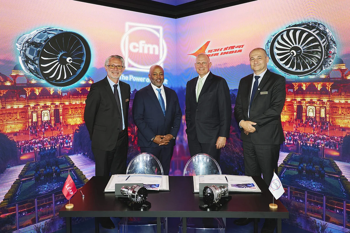 From left: Gaël Méheust, CFM International; Russell Stokes, GE Aerospace; Campbell Wilson, Air India; and Jean-Paul Alary, Safran Aircraft Engines

