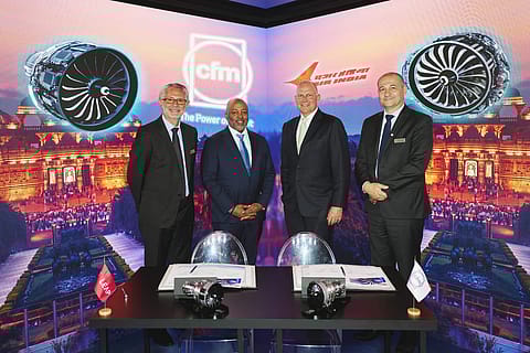 From left: Gaël Méheust, CFM International; Russell Stokes, GE Aerospace; Campbell Wilson, Air India; and Jean-Paul Alary, Safran Aircraft Engines

