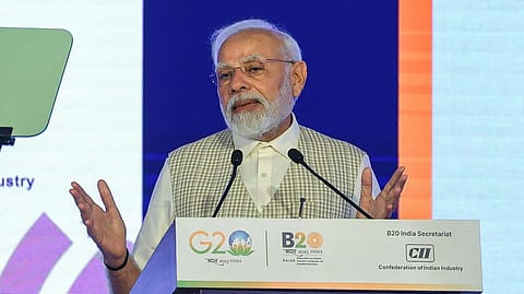 Prime Minister Narendra Modi speaking at the B 20 summit in New Delhi today