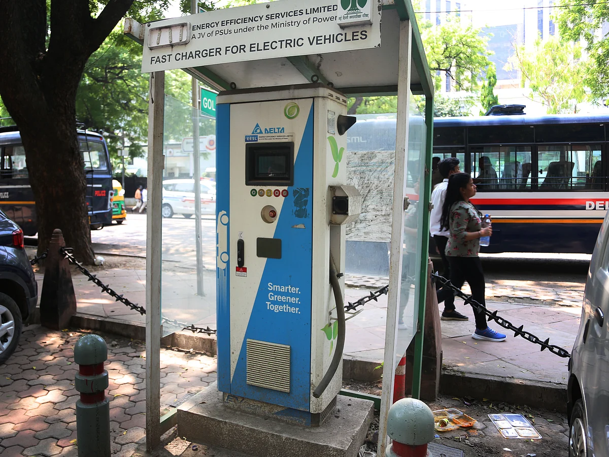 An electric vehicle charger without a charging gun on Sansad Marg in New Delhi.