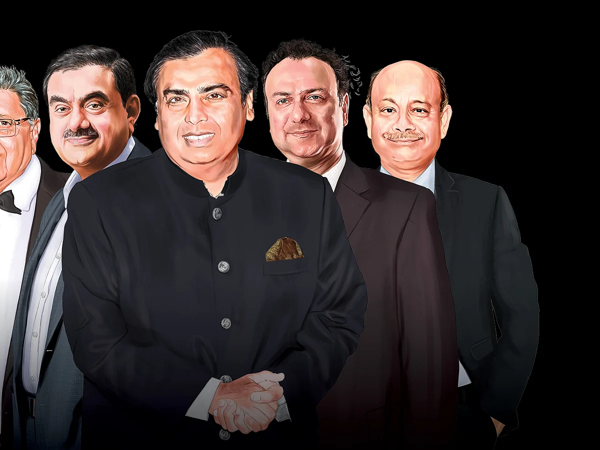 From left: Cyrus Soli Poonawalla, Gautam Adani, Mukesh Ambani,
Shapoor Mistry and 
Radhakishan Damani