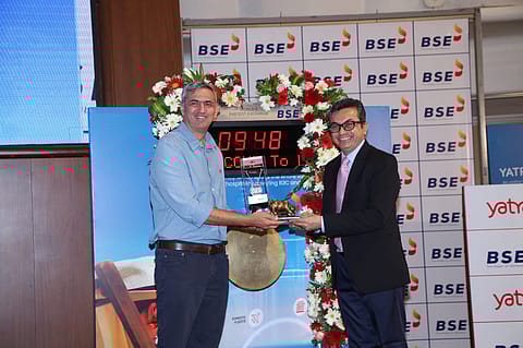 (Left to Right) Dhruv Shringi, CEO, Yatra Online along with Girish Joshi, Chief Listing and Trading Development, BSE India ringing the bell to mark the listing of Yatra Online