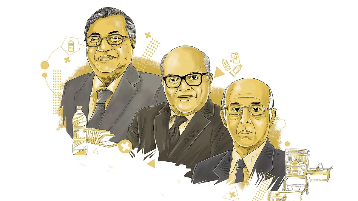 (L-R): Ravi Kant Jaipuria, Wealth:
₹83,783 crore; Ashwin Suryakant Dani, Wealth: ₹68,080 crore;  Mahendra Chimanlal Choksi, Wealth: ₹52,606 crore