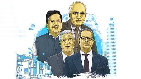 (Front, L-R): Raj Menda &
Manoj Menda,
Wealth: ₹36,992 crore
(Back, L-R): Mangal Prabhat Lodha,
Wealth: ₹51,316 crore;
Kushal Pal Singh,
Wealth: ₹91,461 crore
