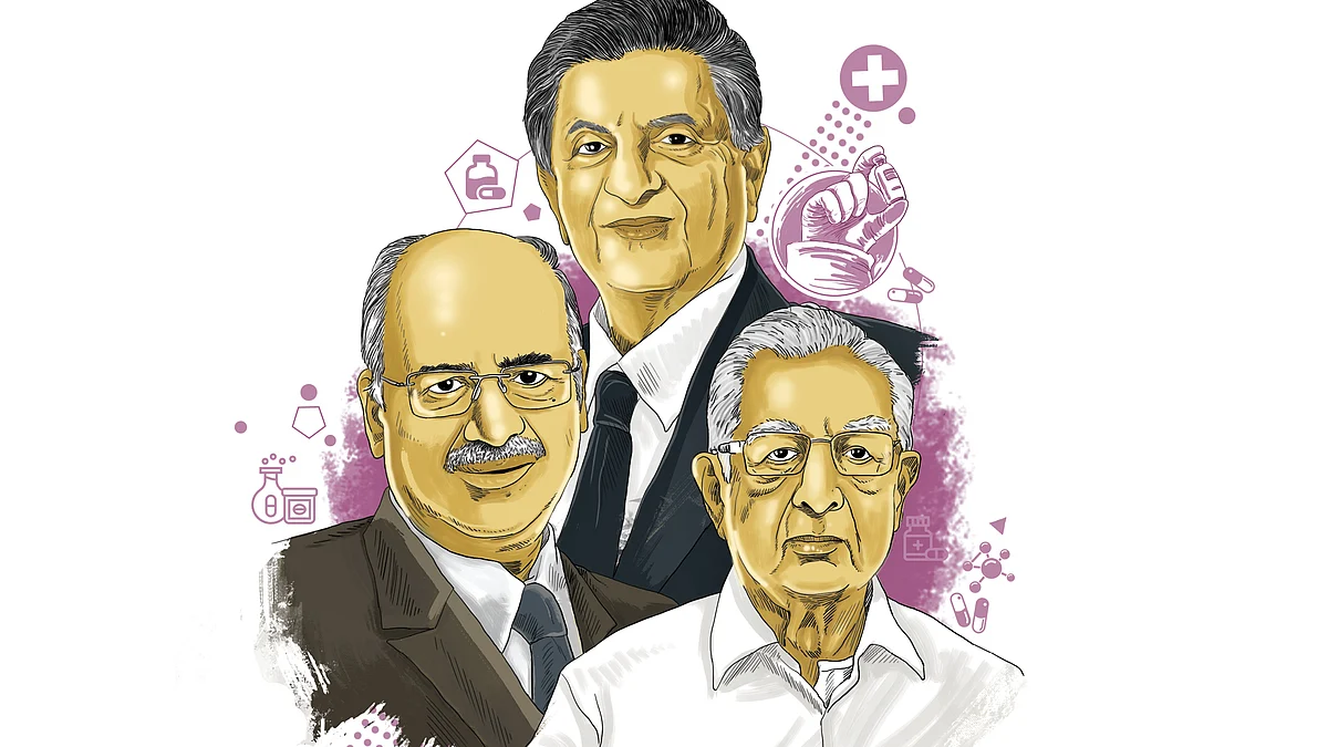 (L-R): Dilip Shanghvi and family,
Wealth: ₹1,42,282 crore; 
Cyrus Soli Poonawalla, 
Wealth: ₹2,70,725 crore; 
Hasmukh Chudgar and family,
Wealth: ₹68,491 crore
