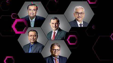 Clockwise from top left:
Mukesh Ambani, chairman, RIL; Shrikant Madhav Vaidya,
chairman, IOCL; G. Krishnakumar, CMD, BPCL;    Arun Kumar Singh,
chairman & CEO, ONGC            and Siddhartha Mohanty, chairman, LIC
