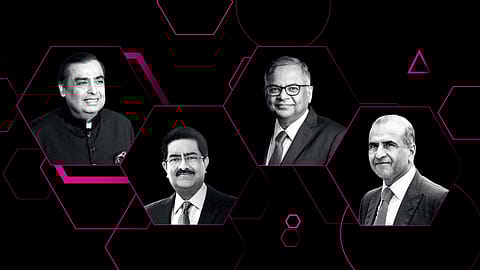 From left: Mukesh Ambani,
chairman, RIL; Kumar Mangalam Birla, chairman, Aditya Birla Group; N. Chandrasekaran, chairman,
Tata Sons; Sunil Bharti Mittal, chairman, Bharti Enterprises