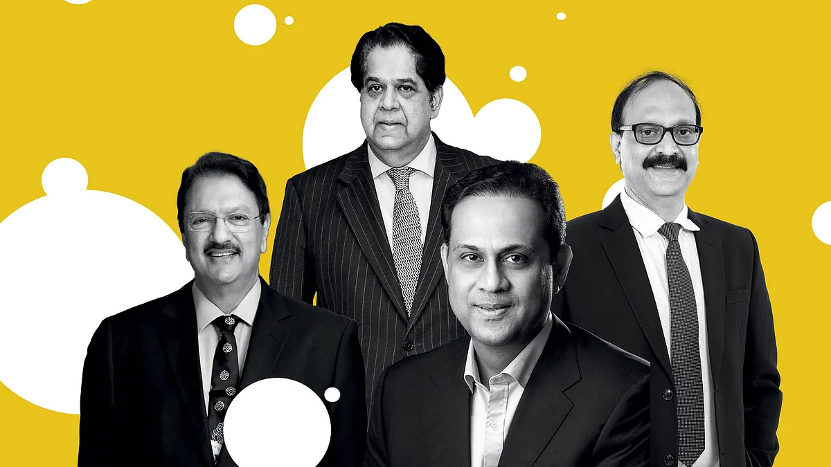 Clockwise from top: K.V. Kamath, chairman, Jio Financial Services; 
Y.S. Chakravarti, MD and CEO, 
Shriram Finance; Sanjiv Bajaj, CMD, Bajaj Finserv; Ajay Piramal, chairman, Piramal Enterprises