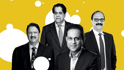 Clockwise from top: K.V. Kamath, chairman, Jio Financial Services;
Y.S. Chakravarti, MD and CEO,
Shriram Finance; Sanjiv Bajaj, CMD, Bajaj Finserv; Ajay Piramal, chairman, Piramal Enterprises