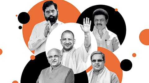 Clockwise from top left:
Eknath Shinde, chief minister, Maharashtra; M.K. Stalin,
chief minister, Tamil Nadu; Siddaramaiah, chief minister, Karnataka; Bhupendrabhai Patel, chief minister, Gujarat; and Yogi Adityanath, chief minister, UP