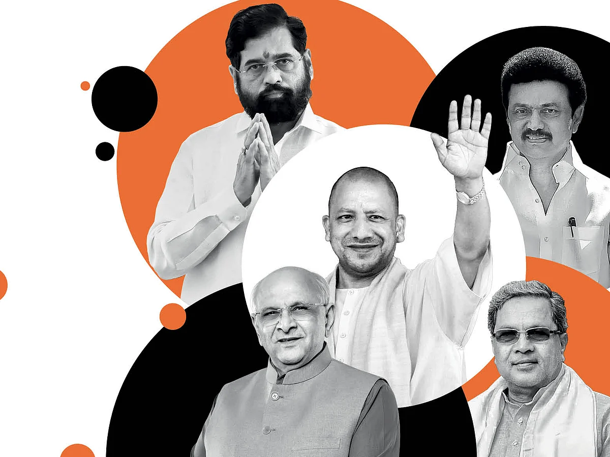 Clockwise from top left: 
Eknath Shinde, chief minister, Maharashtra; M.K. Stalin, 
chief minister, Tamil Nadu; Siddaramaiah, chief minister, Karnataka; Bhupendrabhai Patel, chief minister, Gujarat; and Yogi Adityanath, chief minister, UP