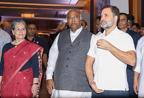 Congress party leader Sonia Gandhi, President of Congress Mallikarjun Kharge and Congress party leader Rahul Gandhi.