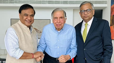 (L-R) Assam CM Himanta Biswa Sarma, Tata Trusts chairman Ratan N Tata, Tata Sons chairman N Chandrasekaran