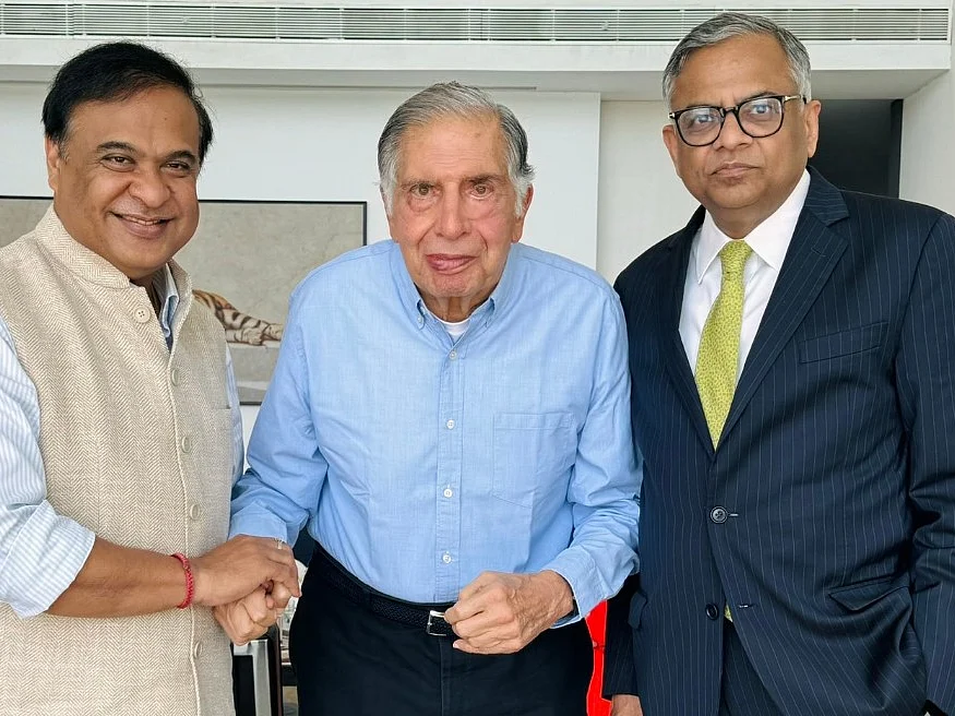 (L-R) Assam CM Himanta Biswa Sarma, Tata Trusts chairman Ratan N Tata, Tata Sons chairman N Chandrasekaran