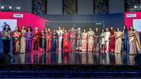 power-packed:
Chief Guest Smriti Irani, Union minister for women and child development and Union minister of minority affairs, and Guest of Honour Marcella Wartenbergh, CEO of Spanish fashion group AWWG with the winners of the Fortune India’s Most Powerful Women In Business Awards in Mumbai.