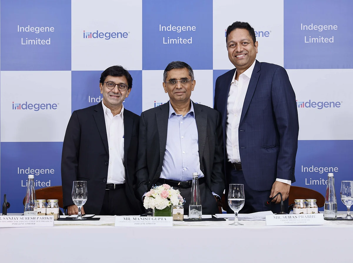 (L-R):  Sanjay Suresh Parikh (Executive Director And Executive Vice President), Manish Gupta, Chairman, (Executive Director and CEO) and Suhas Prabhu (CFO), Indegene  