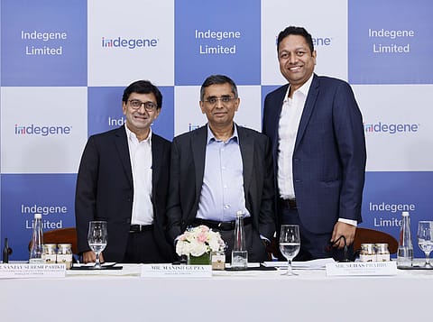 (L-R):  Sanjay Suresh Parikh (Executive Director And Executive Vice President), Manish Gupta, Chairman, (Executive Director and CEO) and Suhas Prabhu (CFO), Indegene  addressing the IPO press conference 