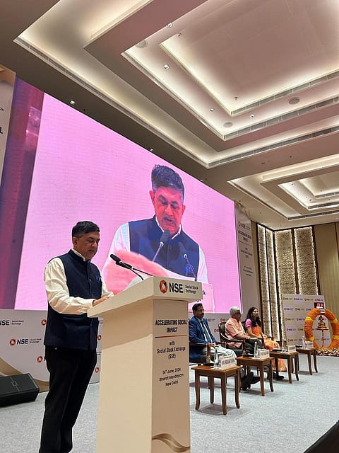 NSE MD & CEO Ashishkumar Chauhan speaking at NSE event in Bharat Mandapam, New Delhi